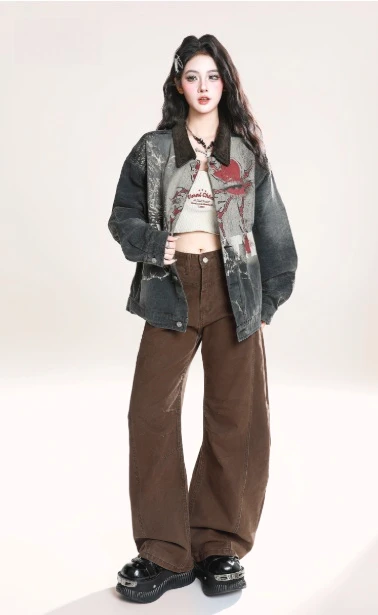 2025 primavera e outono nova venda quente americano rua punk feminino carta graffiti solto casual azul denim jaqueta