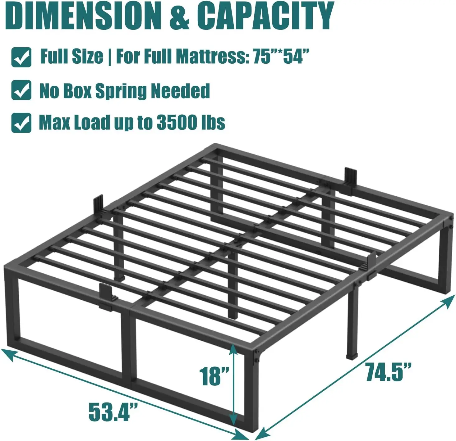 Full Size Bed Frame, 18 Inch Heavy Duty Support 3500 Lbs Metal Platform, No Box Spring Needed/Noise Free/Non-Slip/Steel Slat