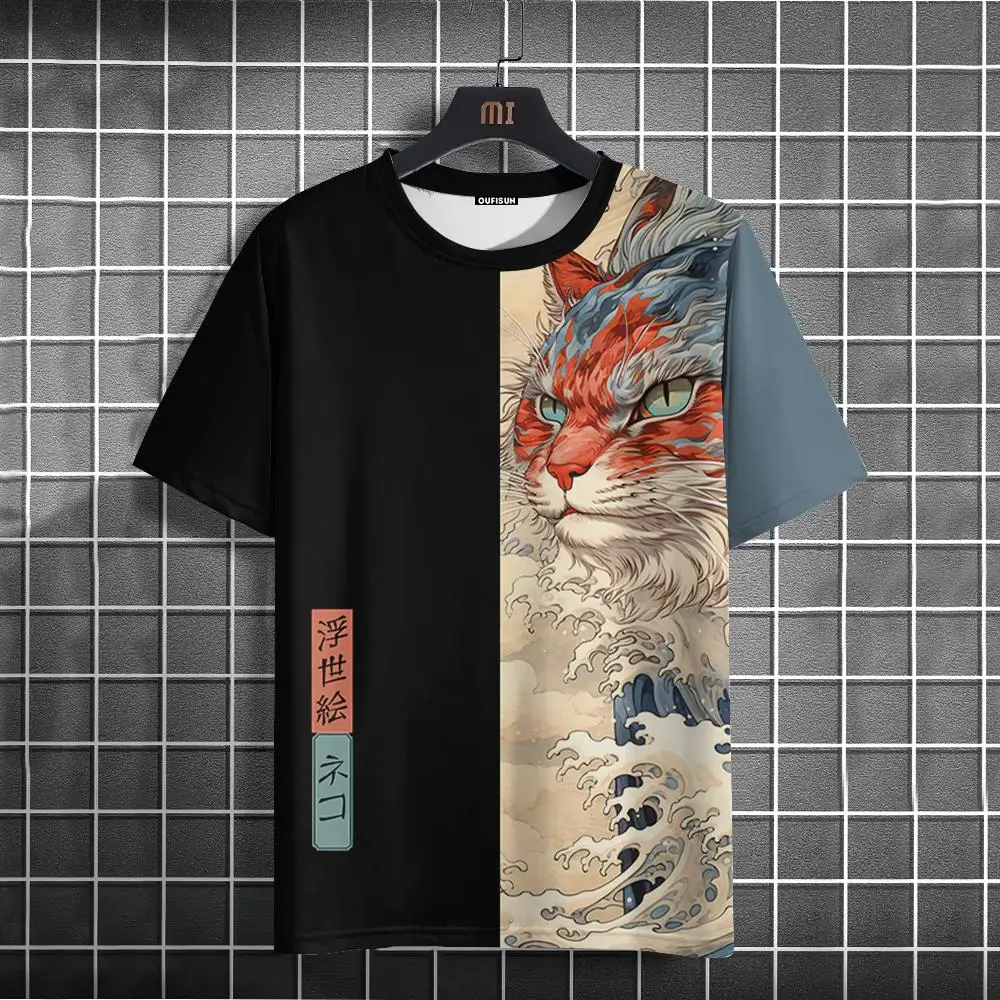 Japanese Style Men\'s T-Shirt Ukiyo-e Sea Wave Pattern Printing T-Shirts Casual Loose Short Sleeve Tee Oversized Men Clothing Top