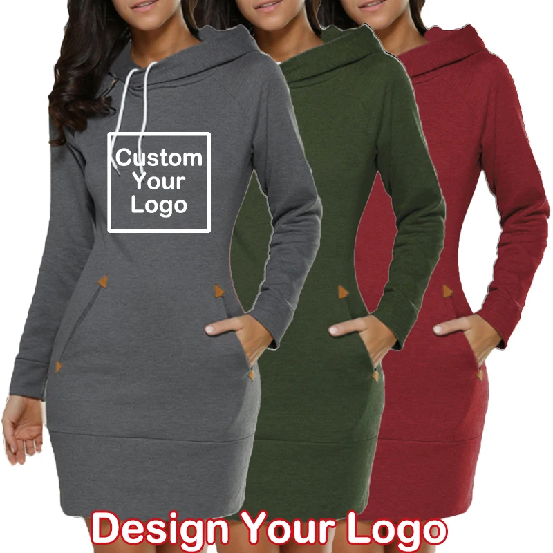 

Customize Your Logo Women's Hooded French Elegant Dresses Print Hoodie Casual Skirt Splicing Pocket Sweater DropShipping Dress