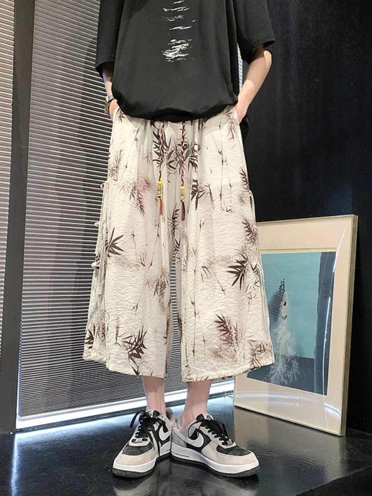 

New Chinese Sle Men's Summer Thin Ice Silk Wide Leg Pants Straight Tube Seven-Foot Pants Faionable Casual Loose Fit