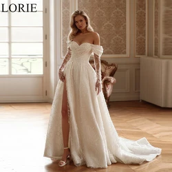 LORIE BOHO Ivory Wedding Dresses Lace Appliques A-Line High Split Off Shoulder Pleated Bride Prom Gown 2024 Luxury Bridal Gowns