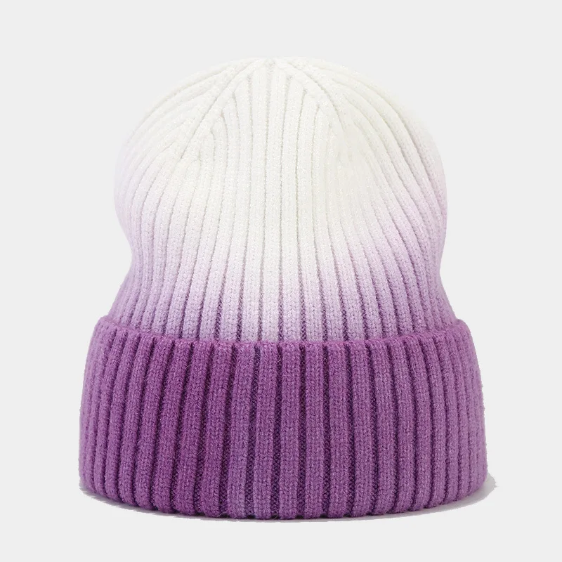 

tie-dye bicolor knit beanies for women girls purple yellow pink blue hats autumn winter ski caps fashion unique bonnets skullies