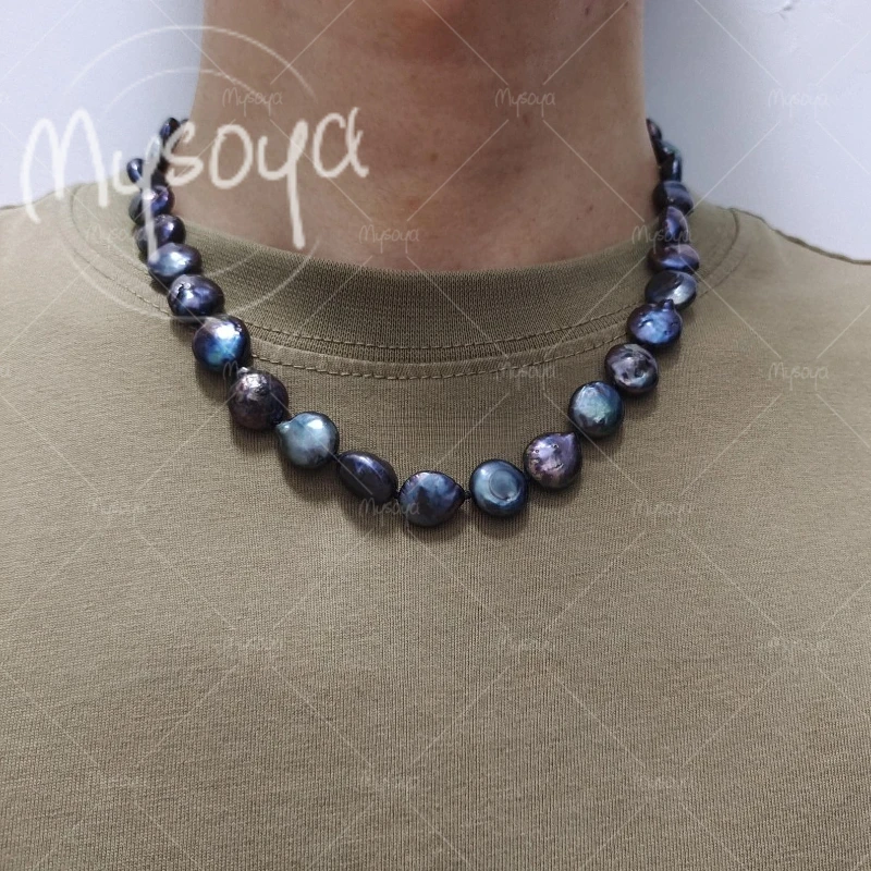 MYSOYA 11-12mm Large Black Button Baroque Freshwater Pearl Necklace, for Birthday/Wedding/Mother's Day/Father's Day Gift A1040