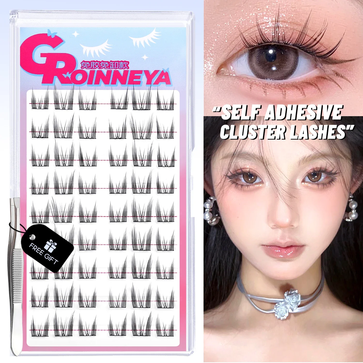 GROINNEYA Kleberfreie Cluster-Wimpern, selbstklebend, kein Entfernen erforderlich, wiederverwendbar, natürliches Manga-Wimpern-Make-up