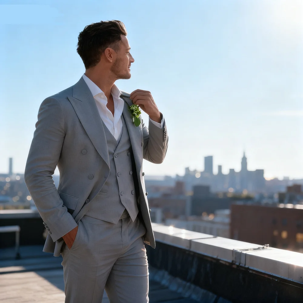 

Beige Linen Terno for Men Summer Wedding Smoking 3-Piece Suit Customizable Slim Fit Men's Blazer Party Wear