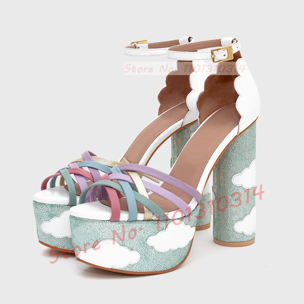 Multicolor Straps Platform Sandals Women Sweet Cloud Decals High Block Heels Shoes Girl\'s Party Open Toe Summer Rainbow Shoes