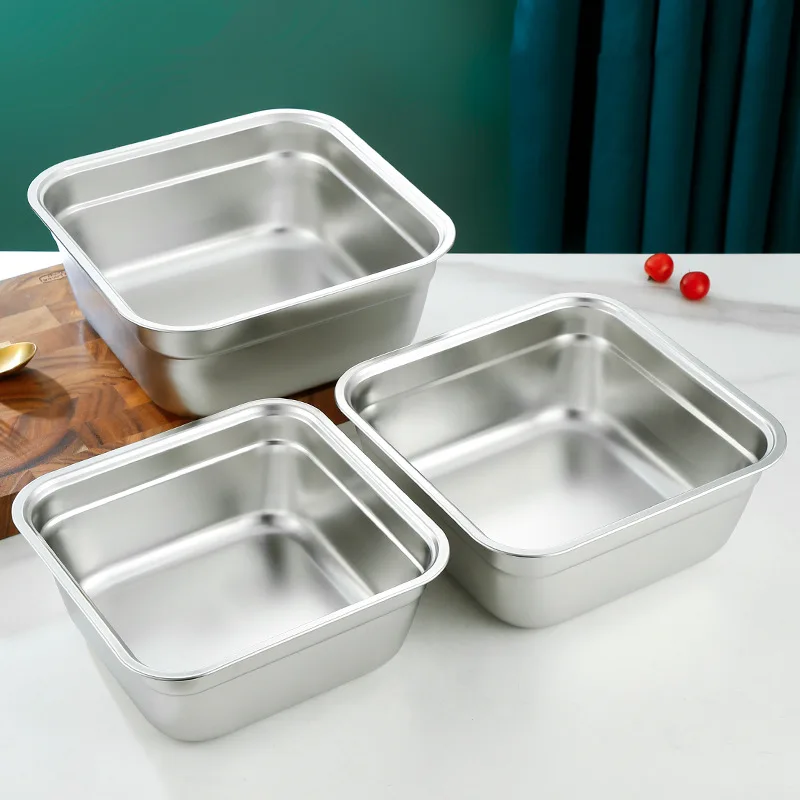 Stainless Steel Food Storage Tray Plates Drain Basin Fruit Vegetable Soup Pot Tableware Home Kitchen Organizer Utensils