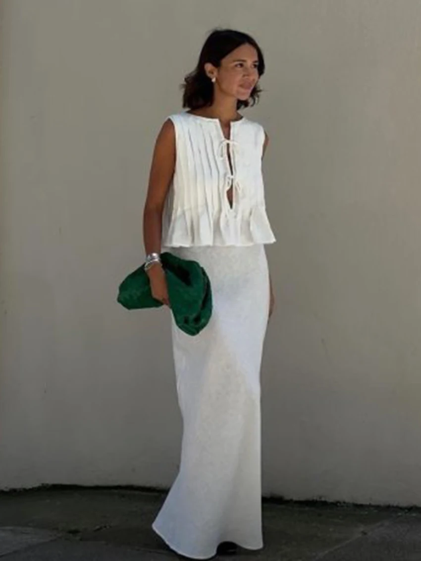 Marthaqiqi Cotton Ladies Sleepwear Set O-Neck Pajama Lace Up Nightwear Crop Top Nightgown Long Skirts Casual Female Nightie Suit