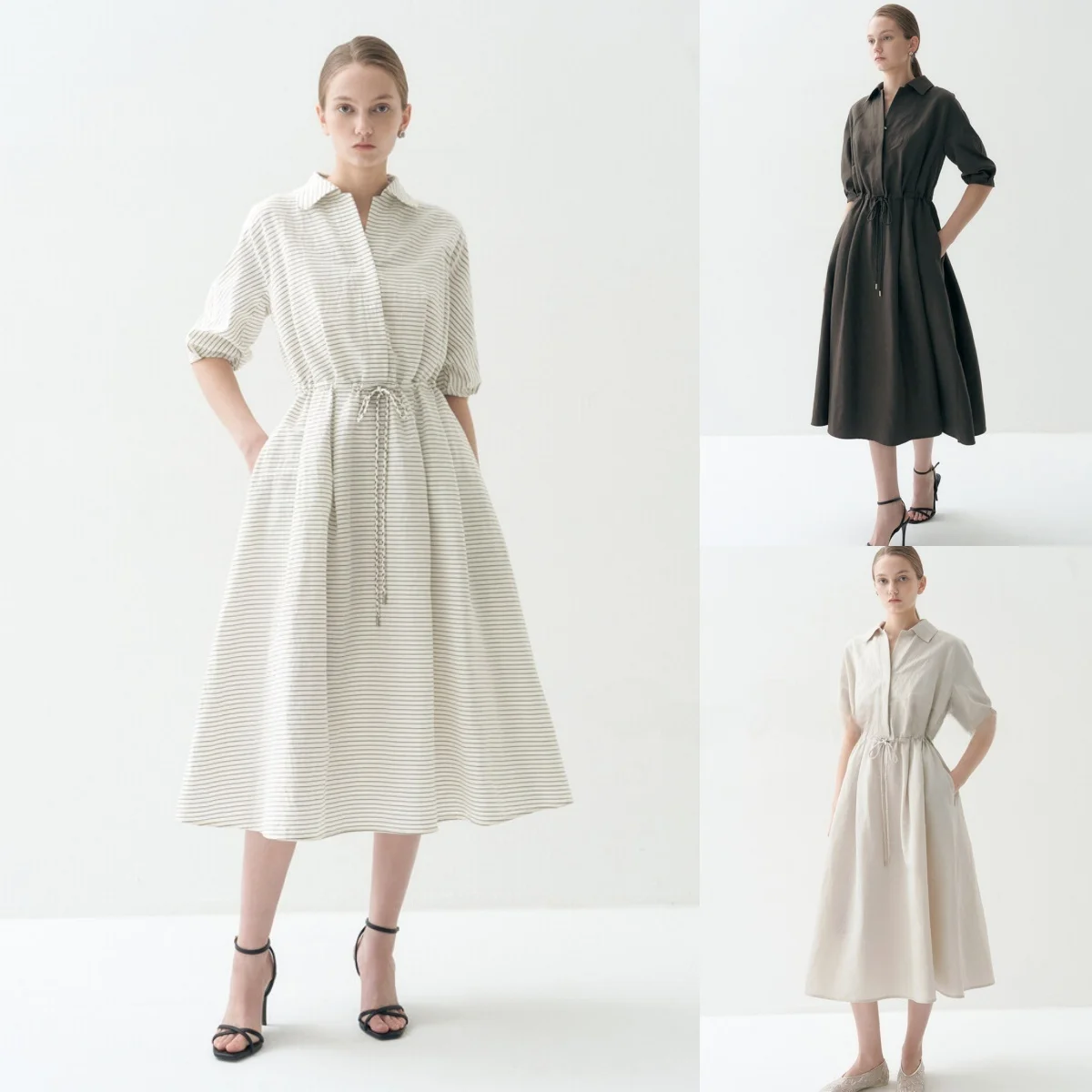 

Waist-Cinching Shirt Dress with Flip Collar Half-Unbuttoned Adjustable Weave Drawstring for Easy Waist Definition A-Line Skirt