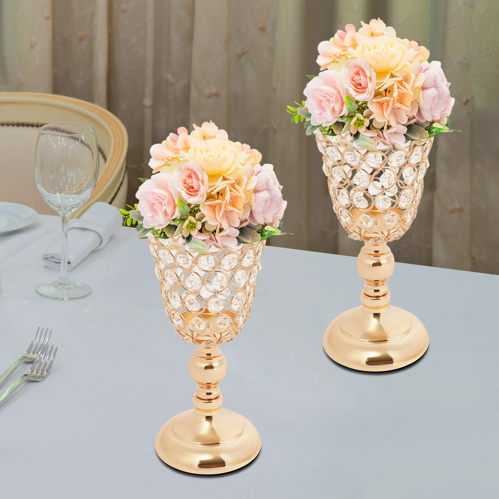2Pcs Crystal Vases, 25.5cm Height Flower Vase, Flower Vases for Wedding Party Birthday Dinner Centerpiece Event Home Decor, Gold