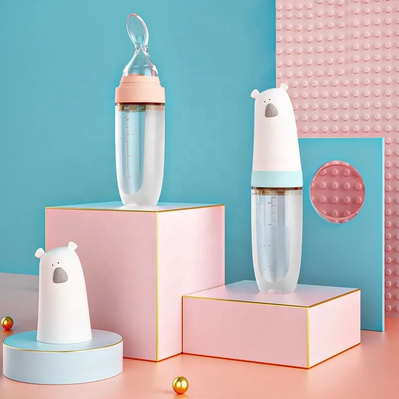 صديقة للبيئة الدب القطبي شكل الغذاء الصف الرضع ضغط الاستغناء زجاجة رضاعة للأطفال ملعقة 120 مللي زجاجة تستخدم في الرضاعة مع ملعقة #2