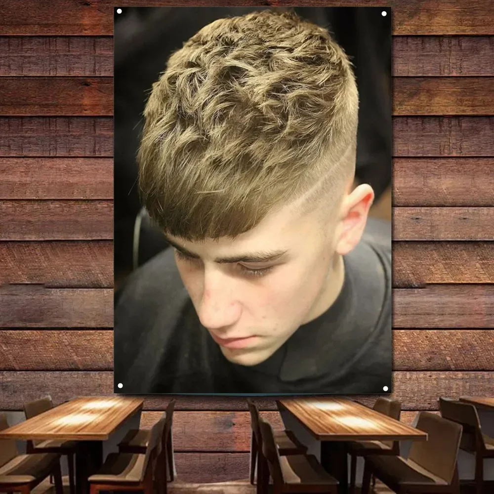 Textured Top Haircut for Men Flag Digital Printing Banner Hairstyling Poster for Barber Shop Wall Art Indoor Tapestry Decoration