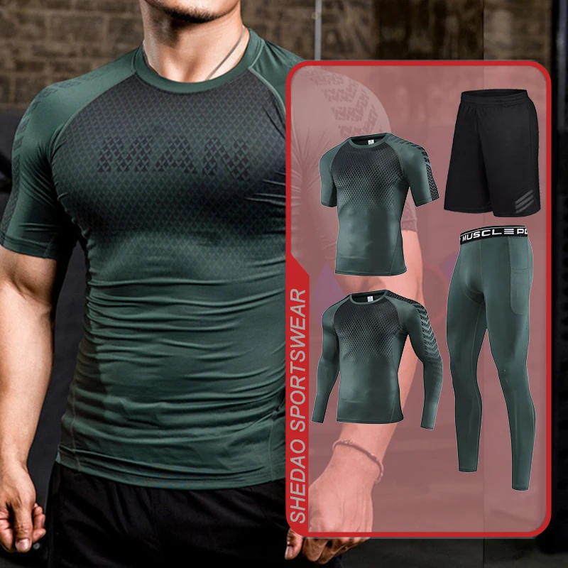 Mens Running Tight Sportswear Set Fitness Jogging Compression Tracksuit Suit Training Sports Wear Clothes Dry Fit Leggings