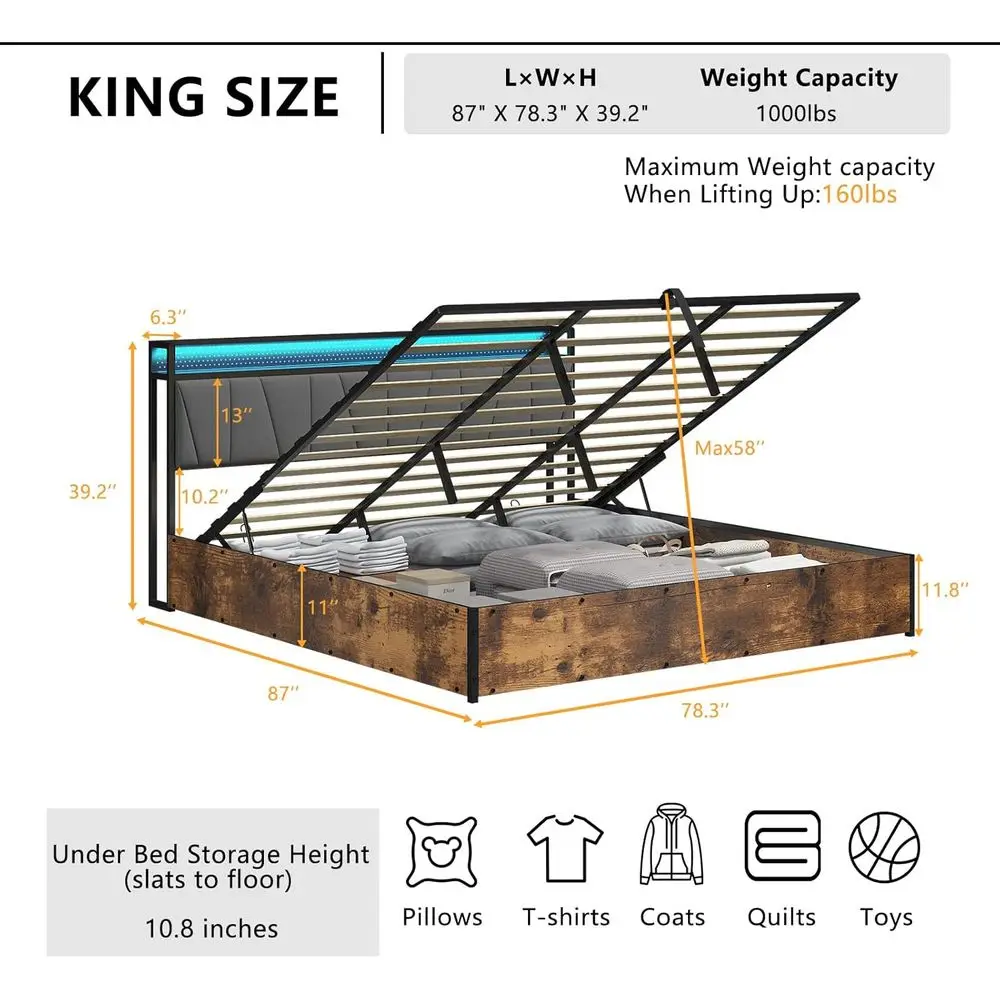 إطار سرير تخزين بحجم كينج مع إضاءة LED ولوح رأسي من الكتان المنجد يتميز بمحطة شحن وإضاءة LED خشبية Pla