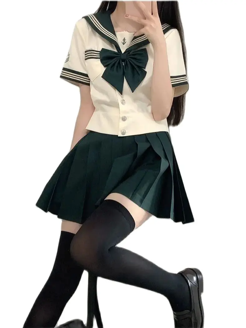 Japan Genuine School Girl Uniform  JK Green Sailor Basic Cartoon Three Lines Sailor Uniform Sets Navy Costume Women Girl Costume