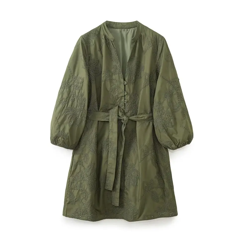 

Women's new chic Fashion With belt casual hollow embroidery Button up mini dress retro V-neck long sleeved women's dress