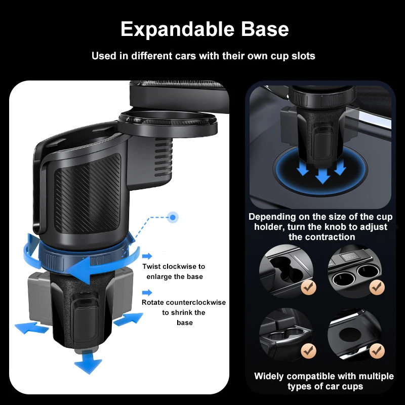 Car Cup Holder Phone Mount Multifunctional Car Cup Holder Expander Adjustable Base 360° Rotatable Cell Phone Holder for Car