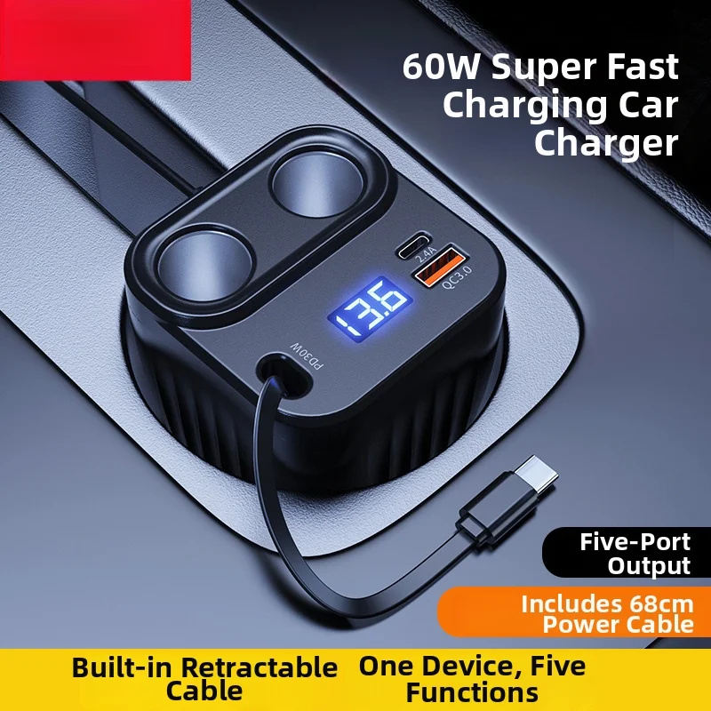 

Многопортовое автомобильное зарядное устройство с 5 USB-выходами, выдвижным кабелем 68 см и быстрой зарядкой 60 Вт, совместимое с автомобилями 12В и 24В