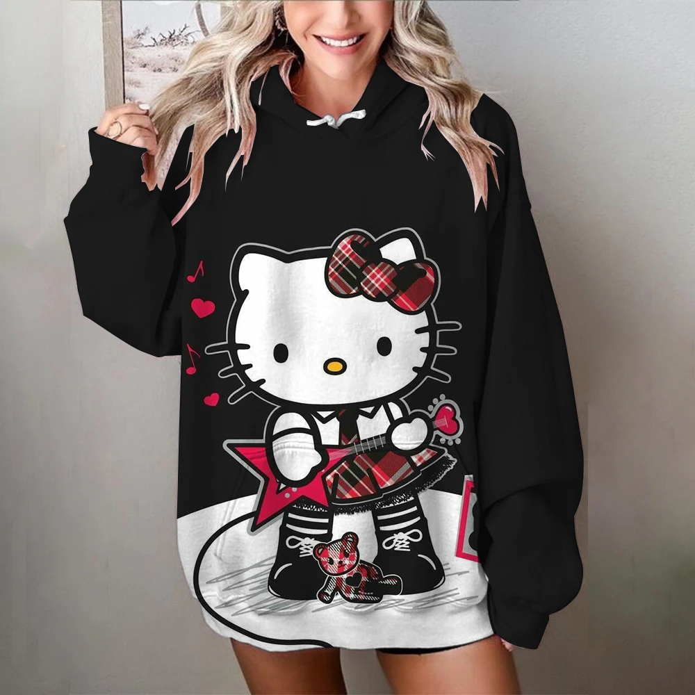 Hoodies Women Basic Hello Kitty Printed Loose Hoodie Sweatshirt Long Sleeve Kangaroo Pocket Drop Shoulder Pullovers Top