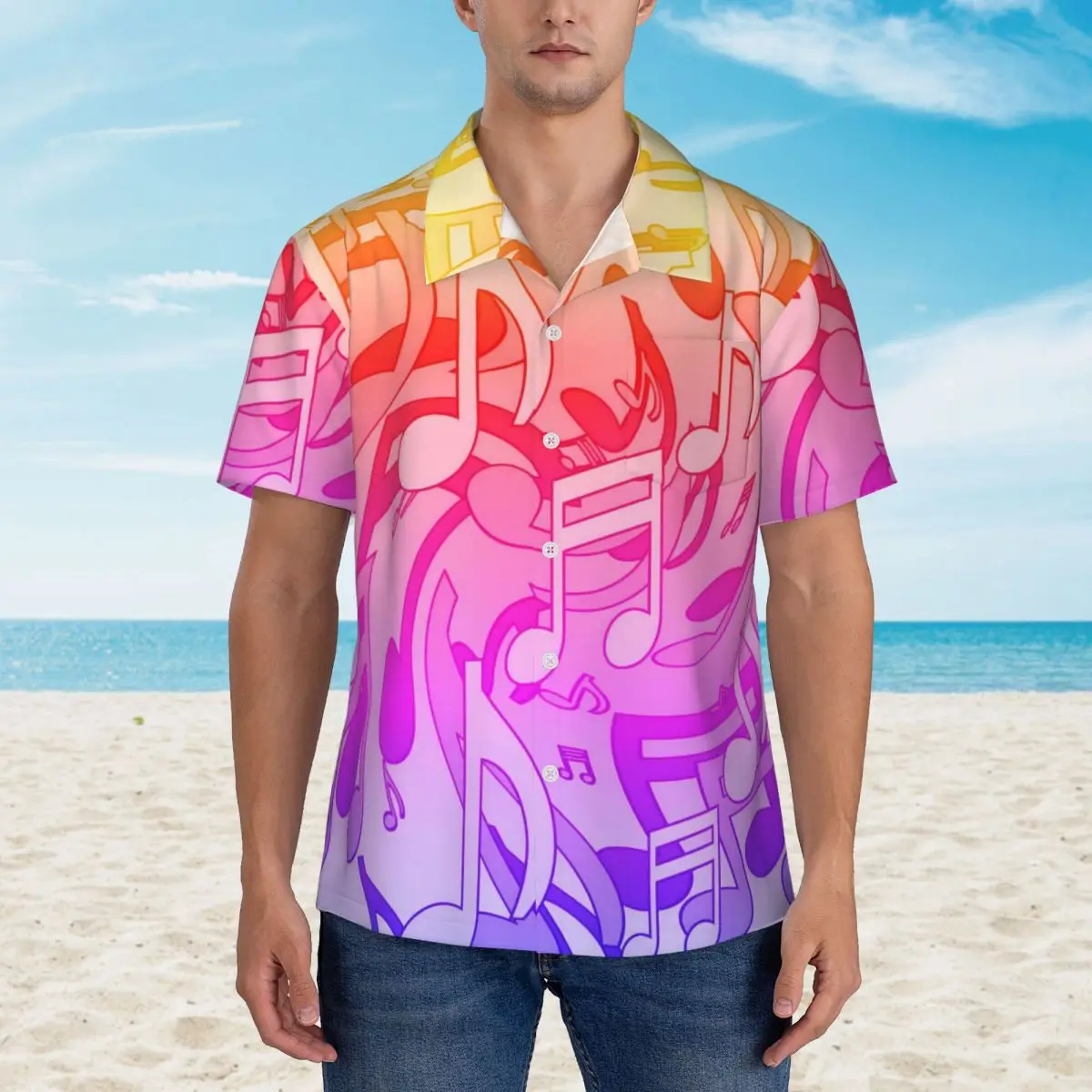 

Summer Shirt Beach Lively Music Notes Blouses Ombre Print Novelty Casual Shirts Men Short-Sleeve Streetwear Clothes