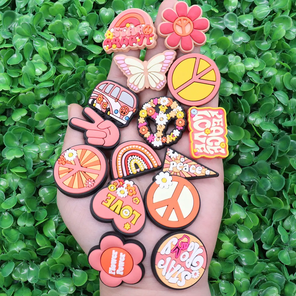 Mix 50pcs PVC Flower Rainbow Bus Butterfly Hand Peace Love Shoe Charms Accessories Button DIY Bracelet Buckle Clog Decoration