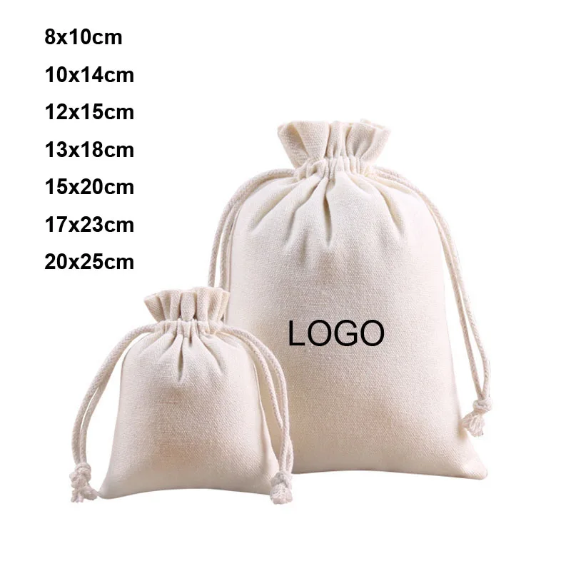 50pcs/Lot Drawstring Cotton Canvas Bags Christmas Gift Packaging Pouch Home Storage Organizer Cloth Sacks Custom Printed Logo