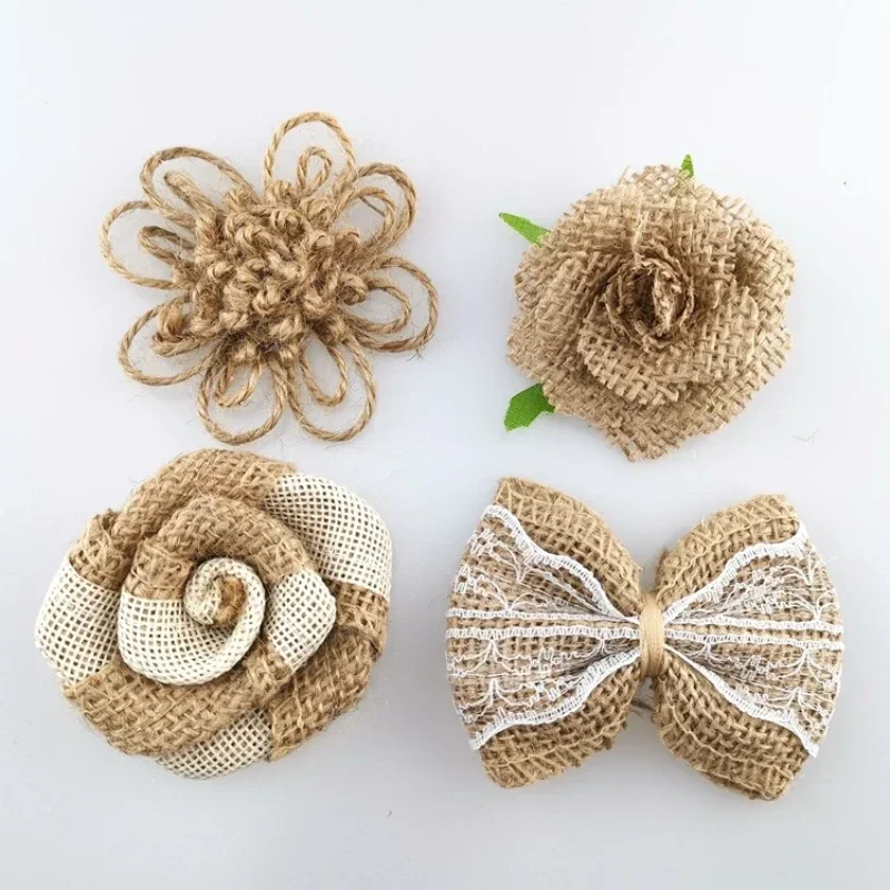 Handmade Jute Burlap Flowers Rose Hessian Ribbon Bow Vintage Rustic Wedding Table Christmas Party Decor DIY Crafts Gift Wrapping