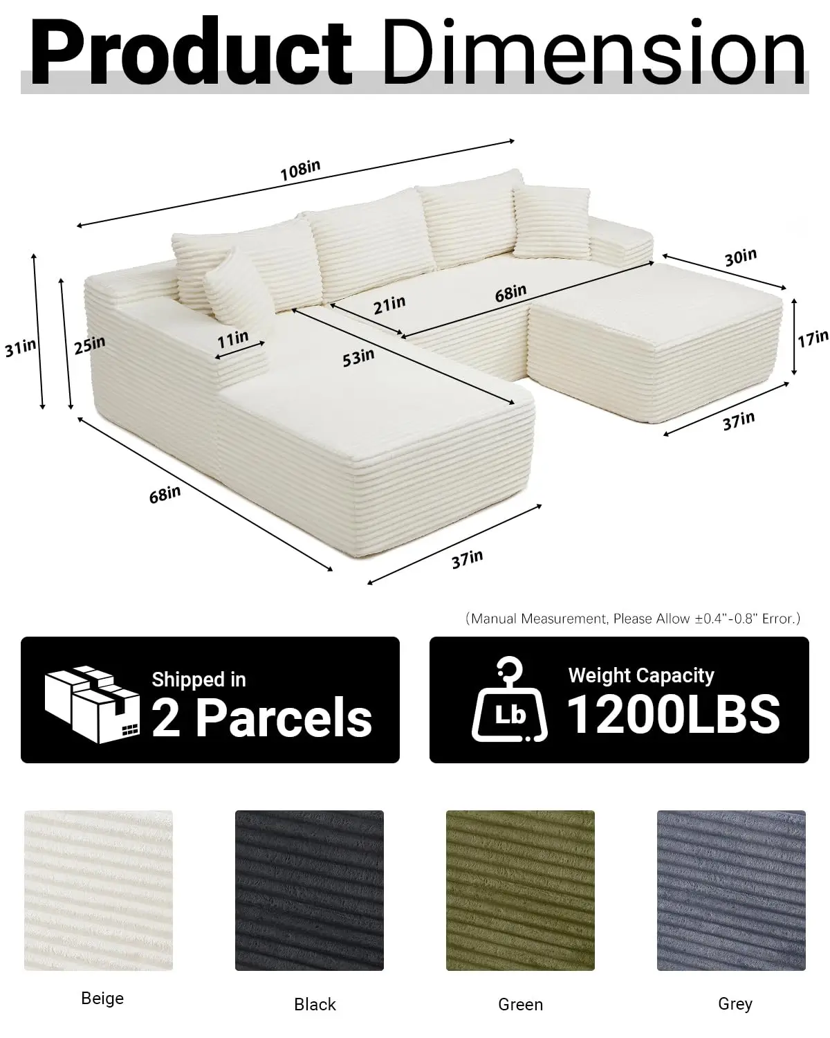 Boneless Sectional Couch, 108 Inch Modular Sectional Sofa With Deep Seat, Corduroy U-Shape Cloud Couches With Left, Customized
