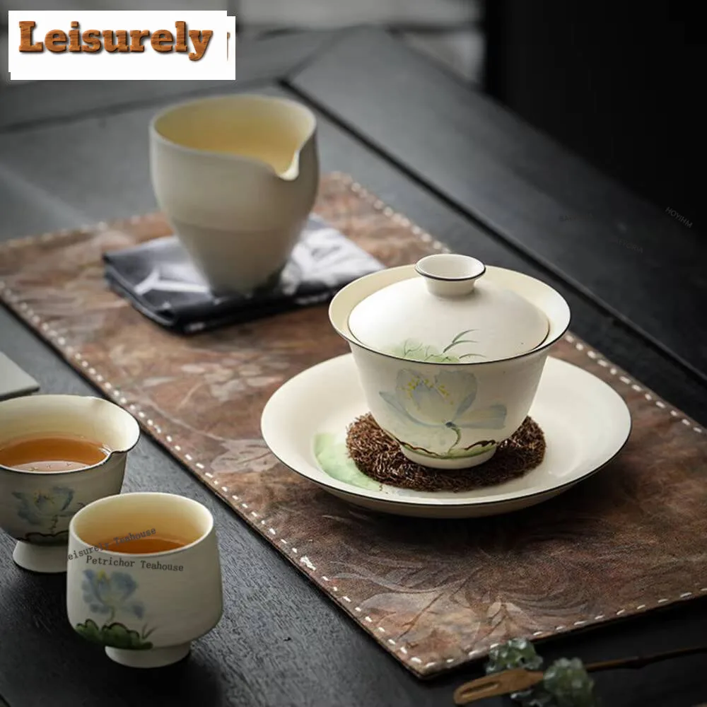 150ml Powder Yin Handmade Hand-painted Blue Lotus Gaiwan Handmade Tea Tureen Tea Bowl With Lid Kit Tea Making Cover Bowl Cafes