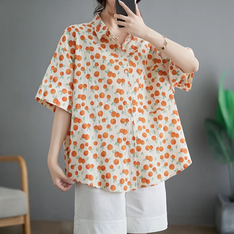 Summer Fresh Style Breathable Orange Printed Shirts Polo Collar Shorts Sleeved For Women Thin Beach Holiday Casual Female Tops