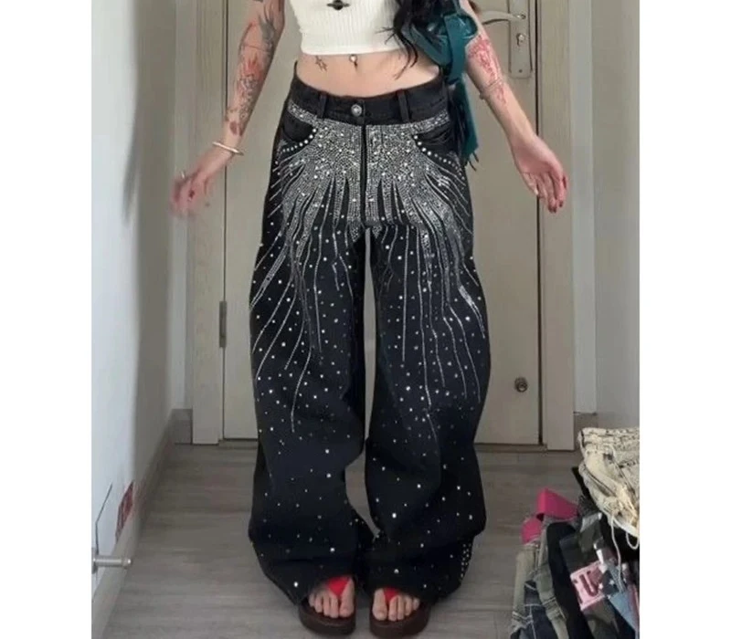 

Streetwear Rhinestone Sequin Jeans Clothes Women Harajuku Hip Hop Glitter Retro Baggy Jeans Low Waist Wide Leg Trousers