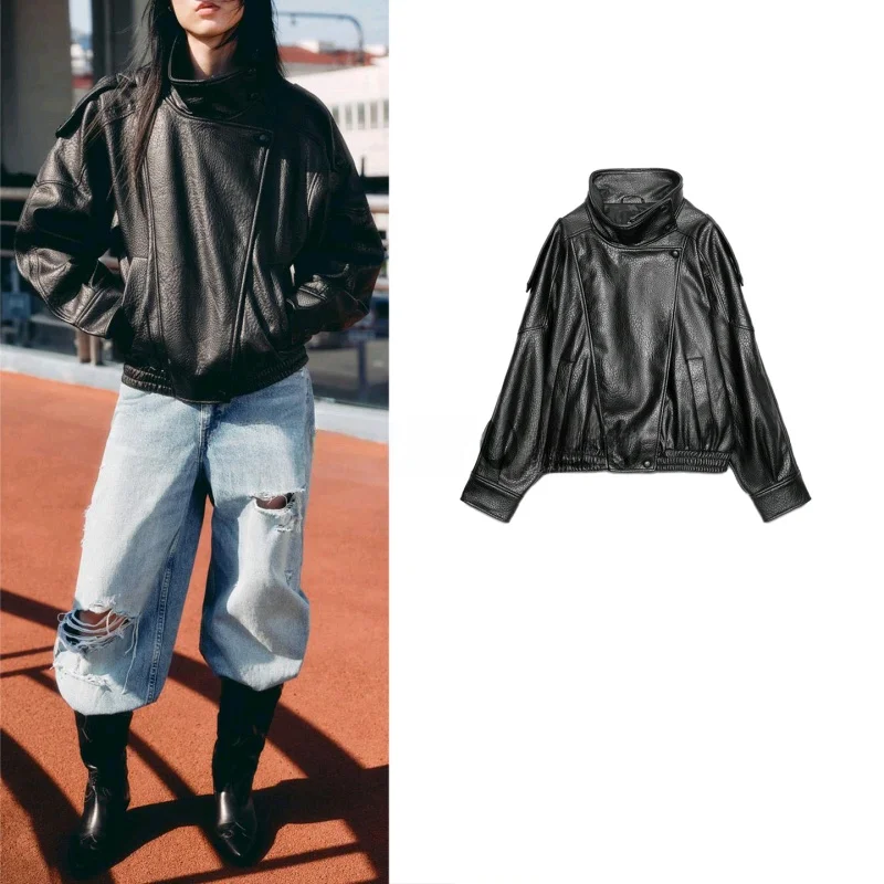 秋の新作 レディース バイク用 PUレザー ジャケット ロング丈 スタンドカラー 暖かい カジュアル ストレートフィット レディース アウター...