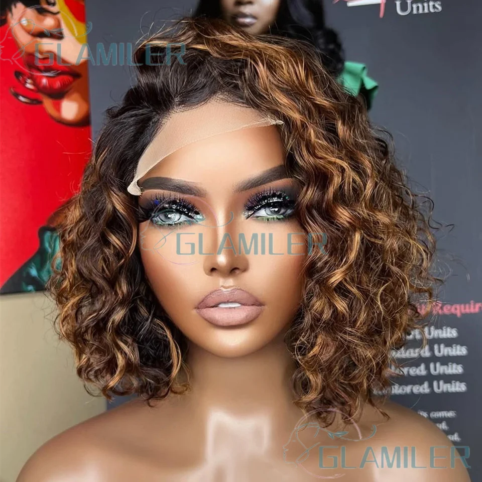 

Right Side Part Glueless Human Hair Kinky Curly Brown Highlight 5x5 Silk Top Closure Wigs Pre Plucked 13x6/360 Lace Front Wigs