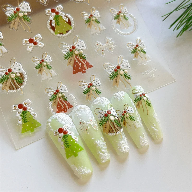 Pequeño y fresco árbol de Navidad, cinta con lazo, pegatinas para uñas en relieve 5D, bonitas calcomanías para uñas, regalos de decoración para manicura navideña DIY