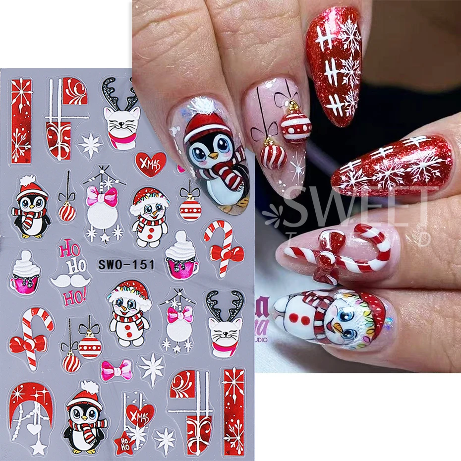 2 pezzi adesivi per unghie di Natale simpatico pinguino alce fiocco di neve agrifoglio regalo adesivo in rilievo decalcomanie per unghie decorazione manicure fai da te cursori