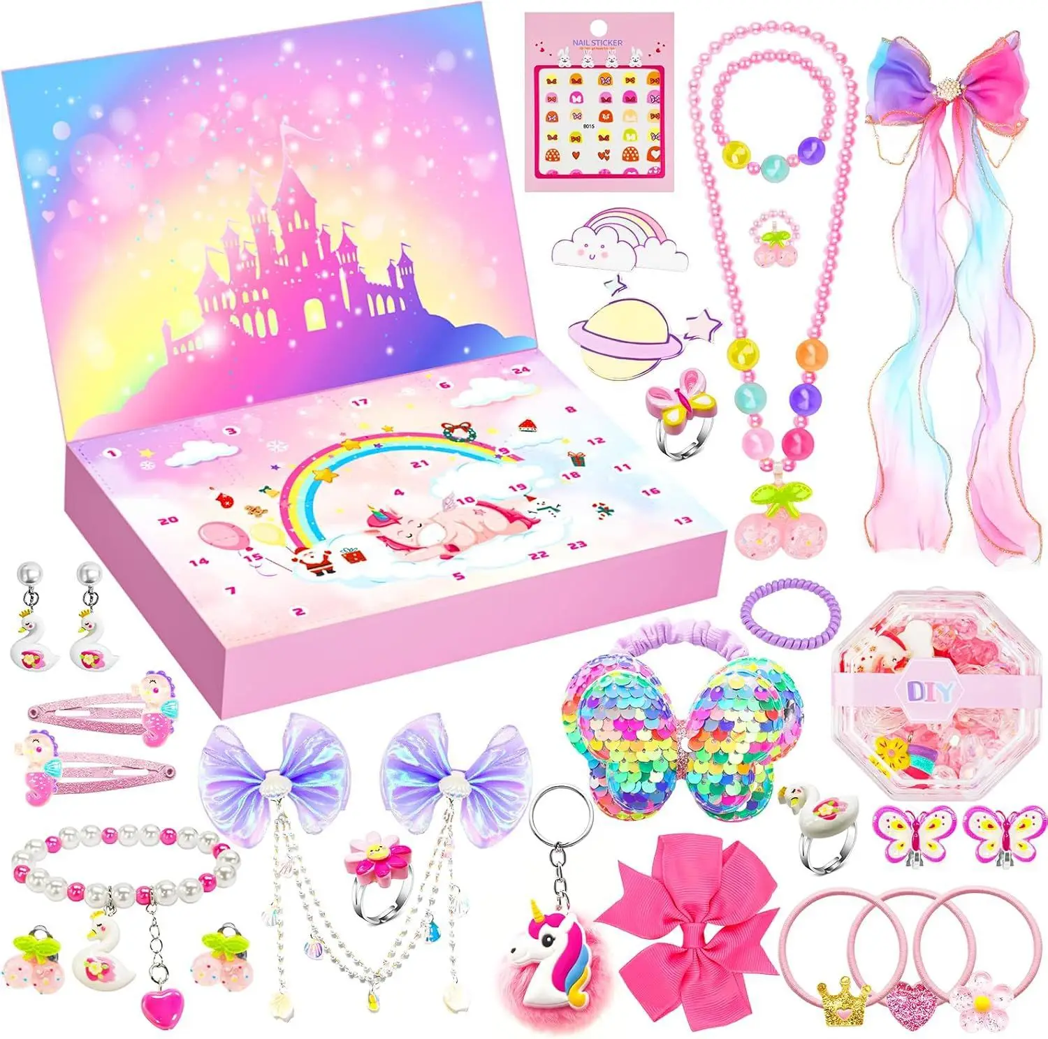 Caja de calendario de Adviento de Navidad rosa fuerte para niña, regalo de princesa sirena, joyería, horquilla, calendario de cuenta regresiva de 24 días, caja de regalo
