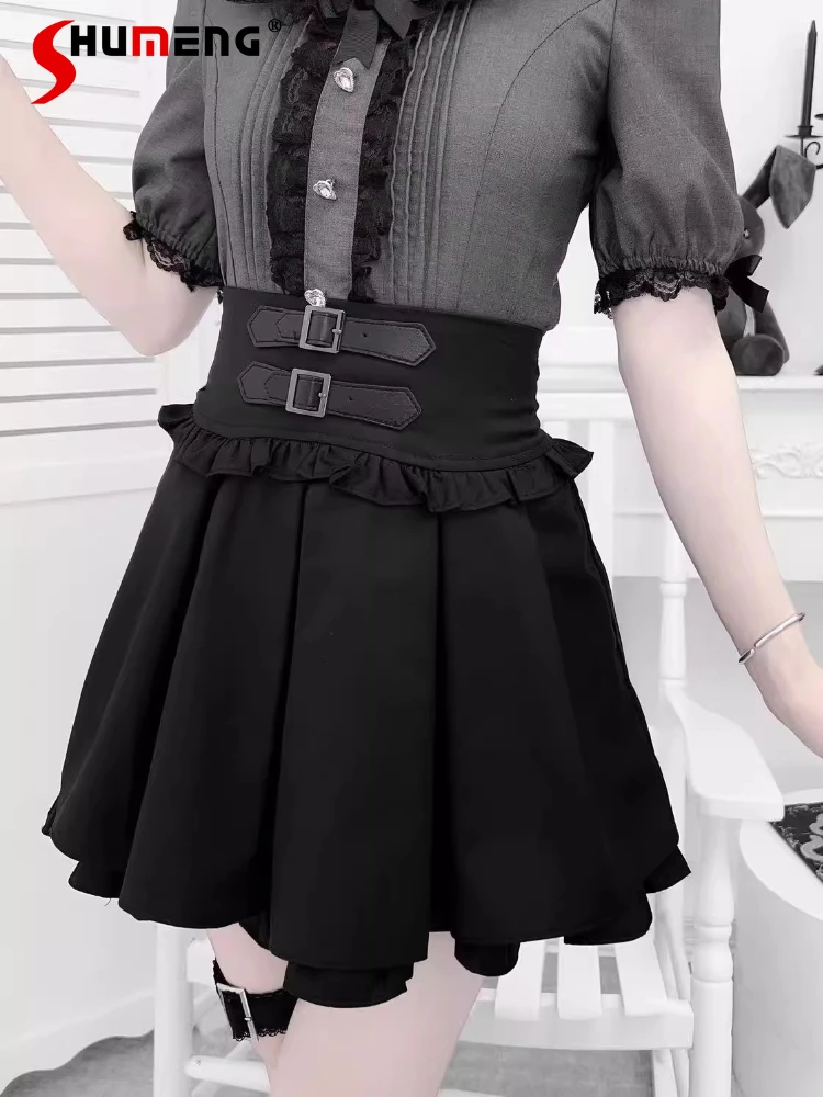 

Japanese Mine Style Subculture Sweet Versatile High Waist A-line PU Buckle Leg Ring Double Layer Pleated Mini Skirt Women Summer