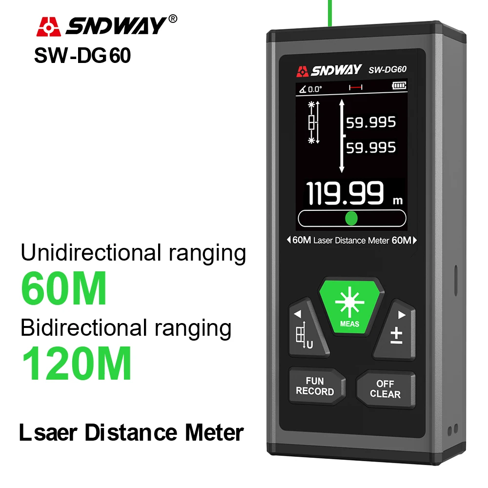 SNDWAY Laser Distance Meter 2 Way Laser Measure Meter 60M 100M Rangefinder Red Green Laser Two-way Range Finder SW-DG60