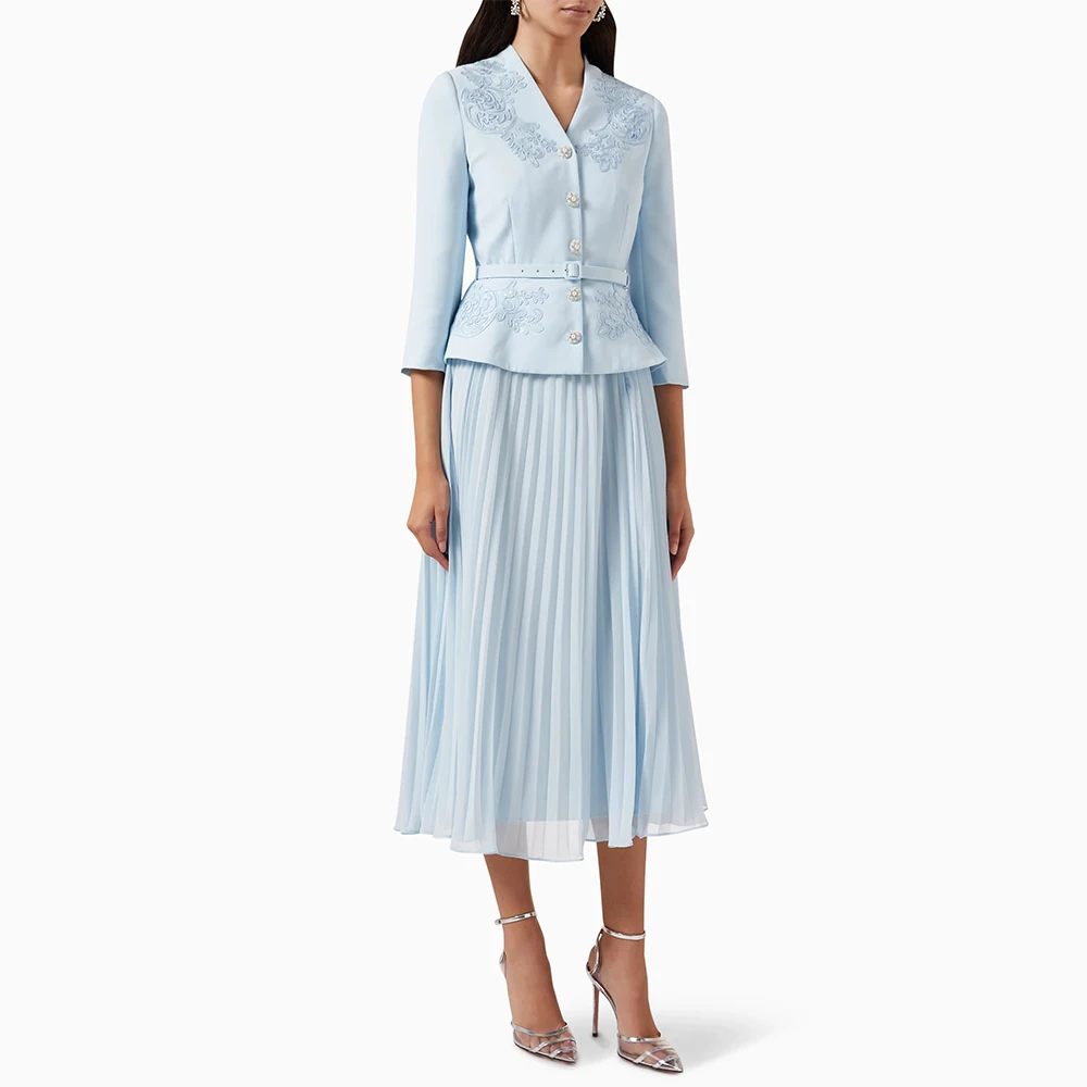 

Customized Women's Party Dresses Midi 3/4 Sleeves 2 Pieces Modern Cocktail Gowns Tea Length Applique Crystal Wedding Guest Dress