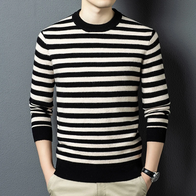 

Теплая одежда из 100% овечьей шерсти, зима 2025 года, толстый белый и черный полосатый свитер с длинными рукавами, кашемировый шерстяной джемпер, пуловеры