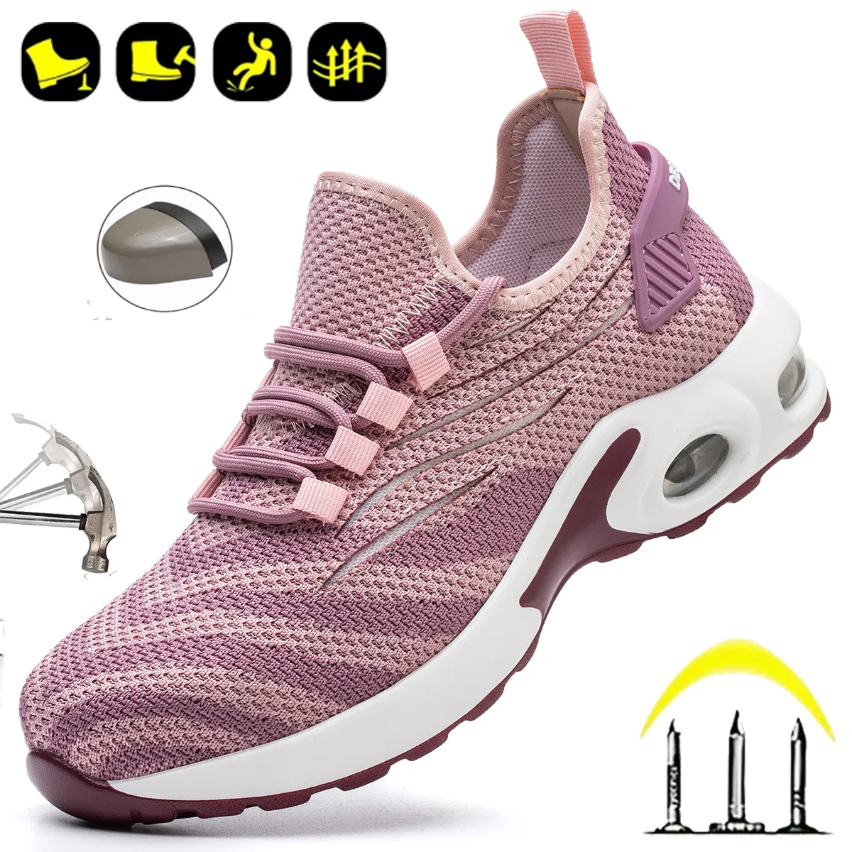 Pink Ladies Steel Toe Safety Shoes Anti Crush Breathable Air Cushioned Women's Work Shoes Fashionable Upgraded Design