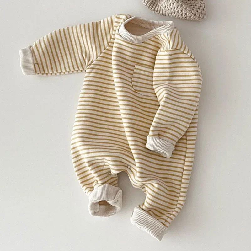 2025 Spring New Baby Striped Romper Boys Girls Simple Striped Casual Jumpsuit Winter Infant Fleece Warm Clothes