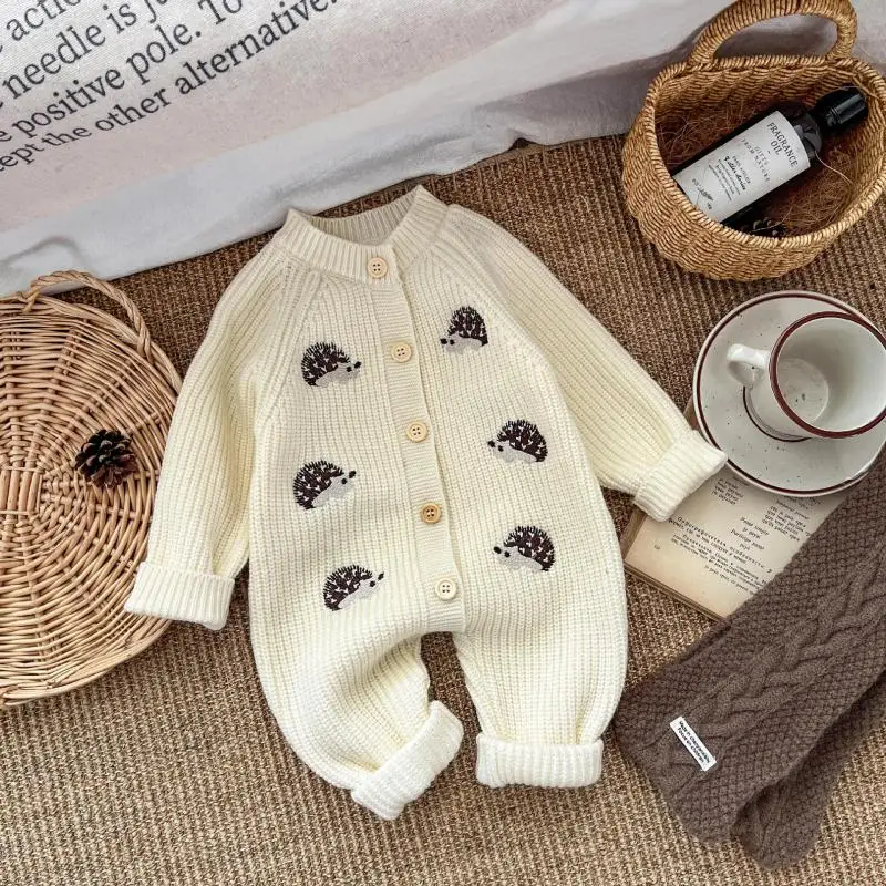 MiniAinis 2025 Spring New Baby Knitted Hedgehog Pattern Romper Girls Beige Khaki Bodysuit Boys Single Breasted Jumpsuit Clothes