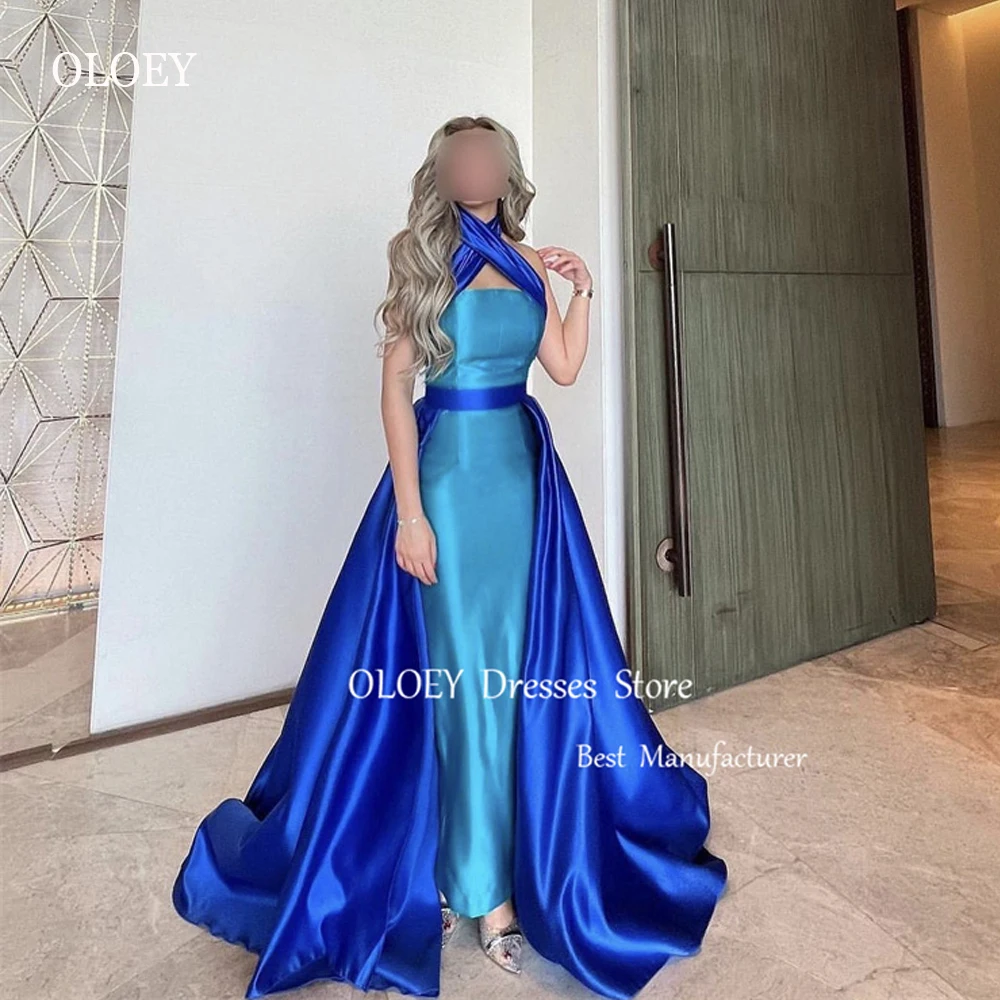 

OLOEY Modern Blue Saudi Arabic Women Evening Dresses Detachable Train Halter Floor Length Prom Gowns Long Formal Party Simple