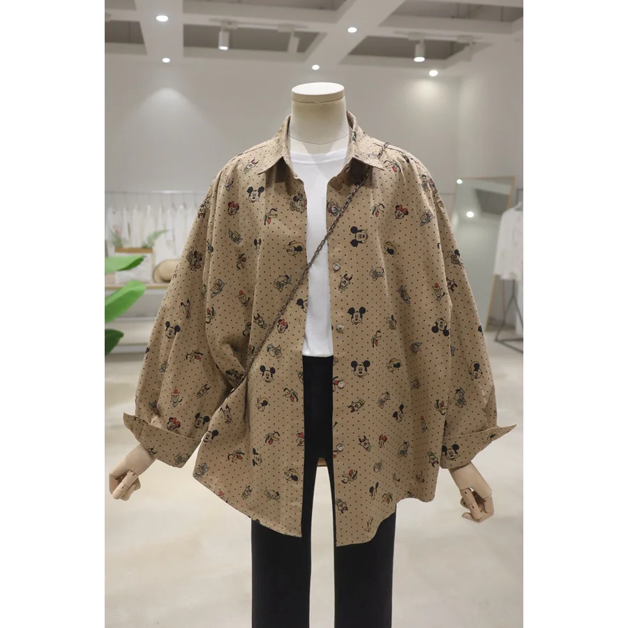 Full Body Polka Dot Age-reducing Cartoon Single-breasted Shirt New Autumn Loose Medium And Long Cotton Long-sleeved Blusas Women