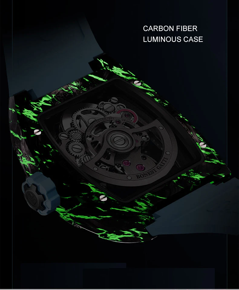 Reloj BONEST GATTI Tourbillon para hombre, 43x52mm, Tonneau, reloj de pulsera mecánico automático, caja Lume de fibra de carbono, esfera con mecanismo al descubierto, zafiro