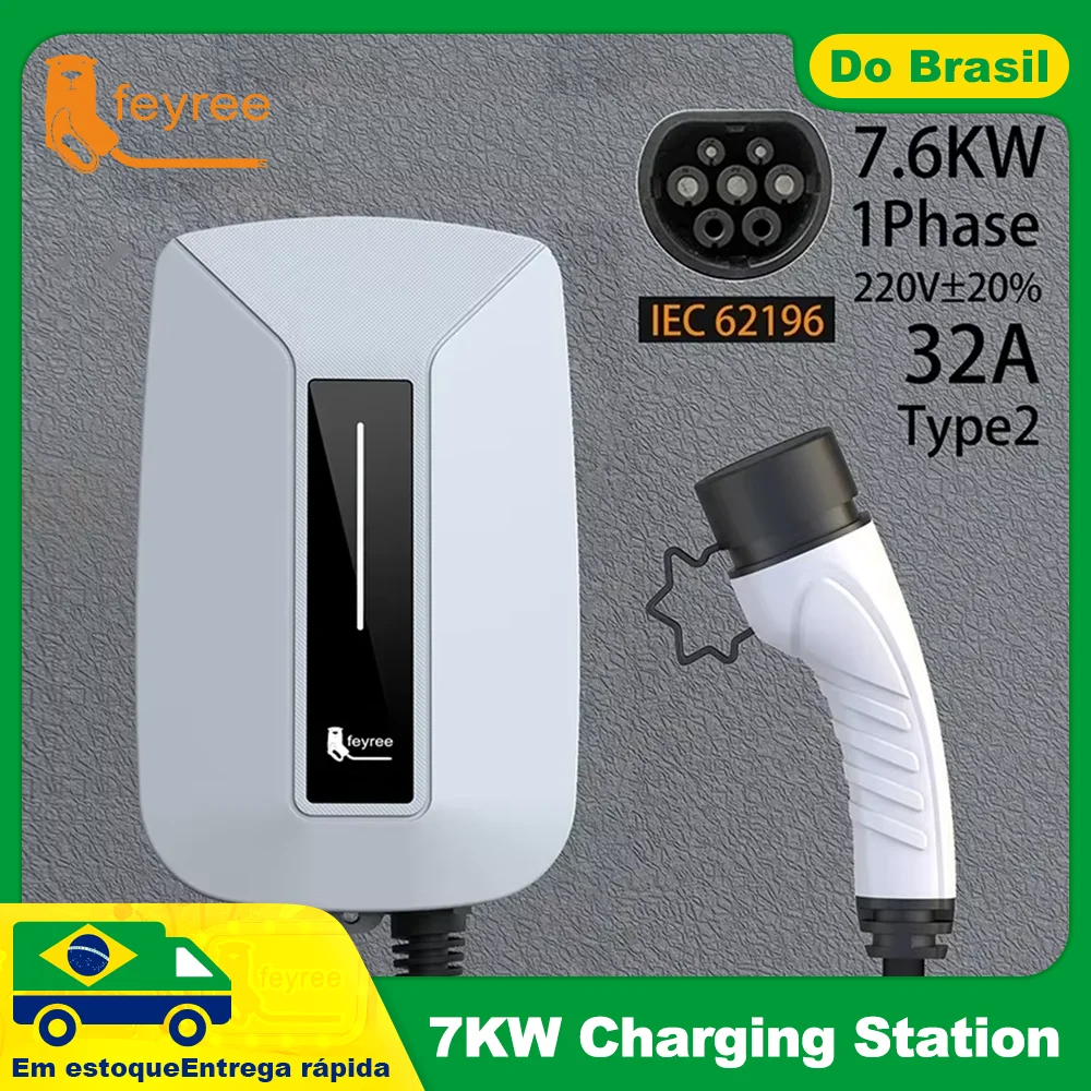 Feyree EVSE pengisi daya kendaraan elektrik, kabel 5m, stasiun pengisi daya kendaraan elektrik, colokan IEC62196-2 1 fase, tipe 2 32A 7KW