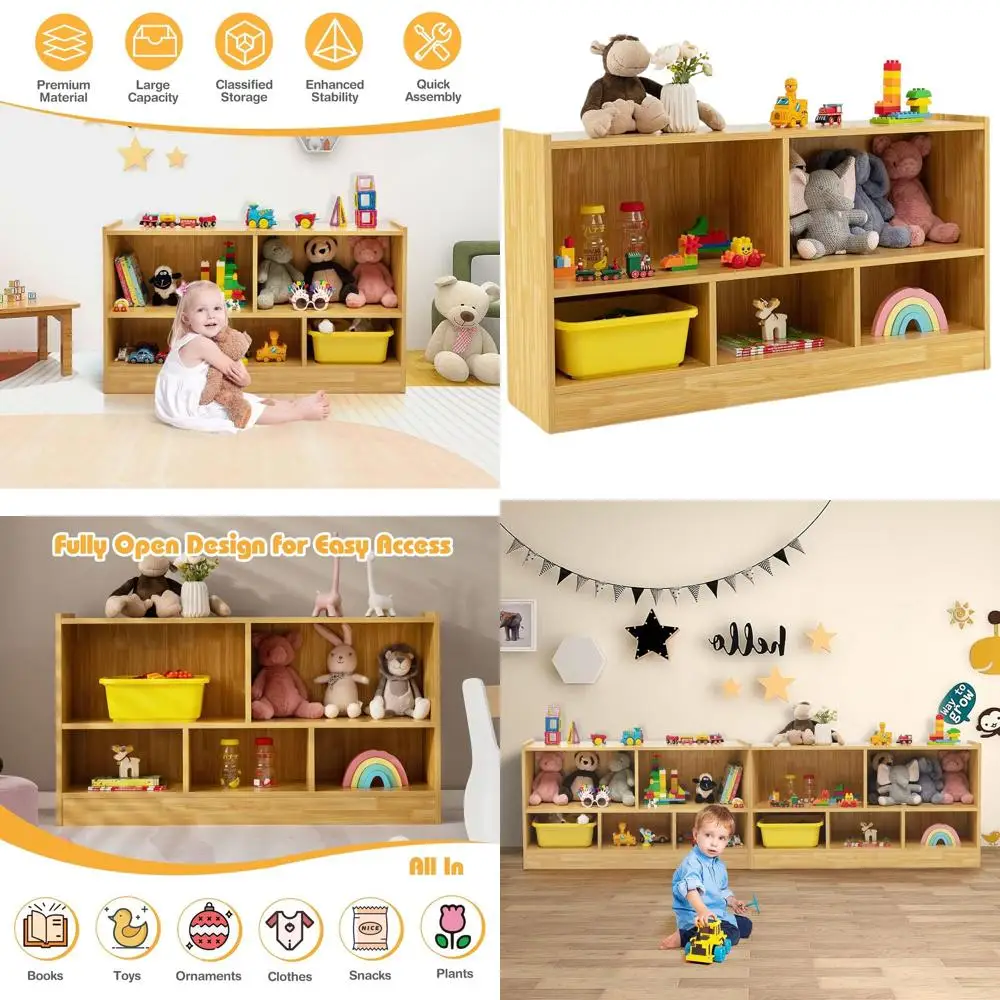 

2-уровневый деревянный органайзер для хранения детей, 5-секционная полка для дошкольного класса, игровой комнаты и детской комнаты (желтый)