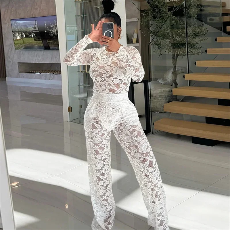 Sexy Lace 2 Piece Sets Women Long Sleeve See Through Skinny Lace Bodysuit Top High Waist Loose Wide Leg Pants Night Club Outfits